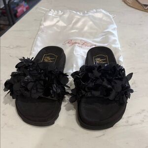 Roger Vivier Black Floral Appliqué Slide Mules